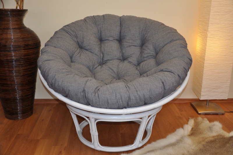 Ratanový papasan 110 cm bílý polstr šedý melír