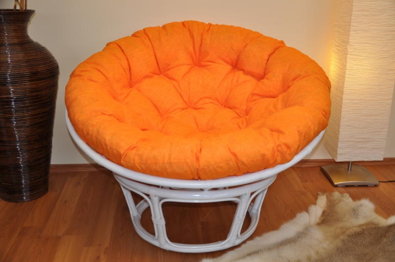 Ratanový papasan 110 cm bílý polstr oranžový melír