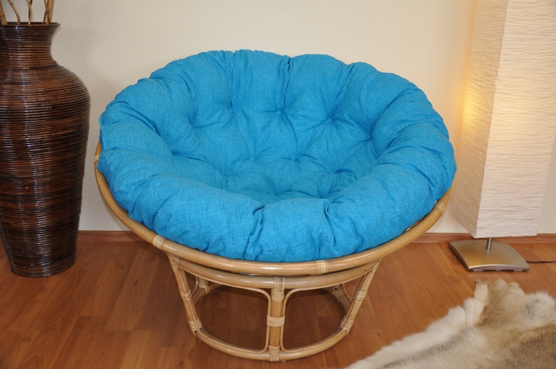 Ratanový papasan 110 cm medový polstr tyrkysový melír