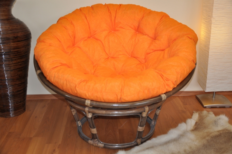 Ratanový papasan 115 cm hnědý - polstr oranžový melír