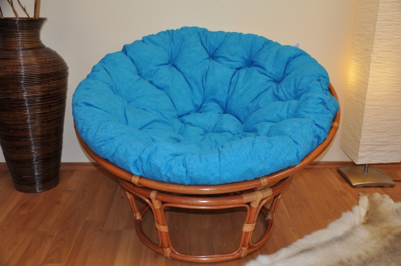 Ratanový papasan 110 cm koňak, polstr tyrkysový melír