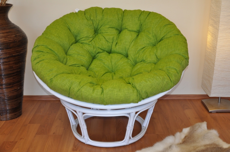 Ratanový papasan 110 cm bílý polstr světle zelený melír