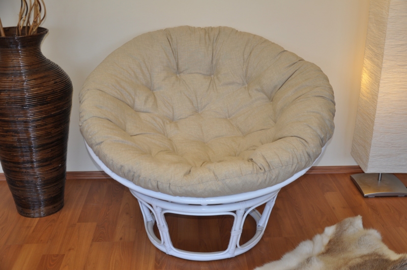 Ratanový papasan 110 cm bílý polstr béžový melír