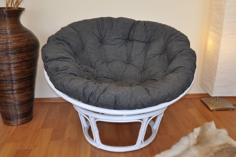 Ratanový papasan 110 cm bílý polstr tmavě šedý melír