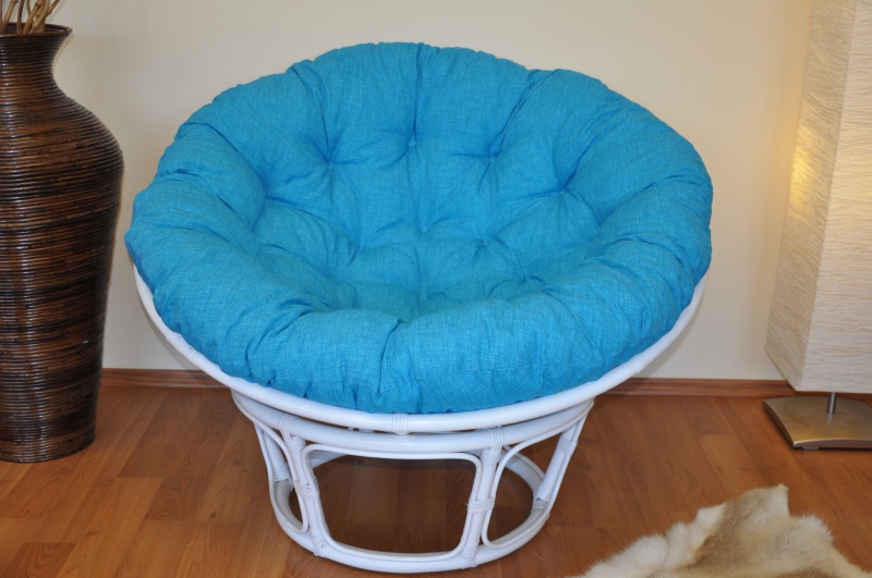 Ratanový papasan 110 cm bílý polstr tyrkysový melír