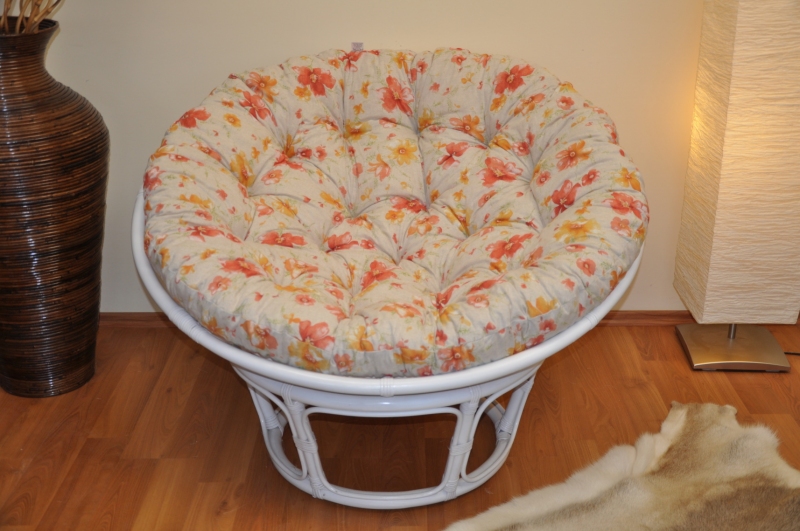 Ratanový papasan 110 cm bílý polstr motiv květiny