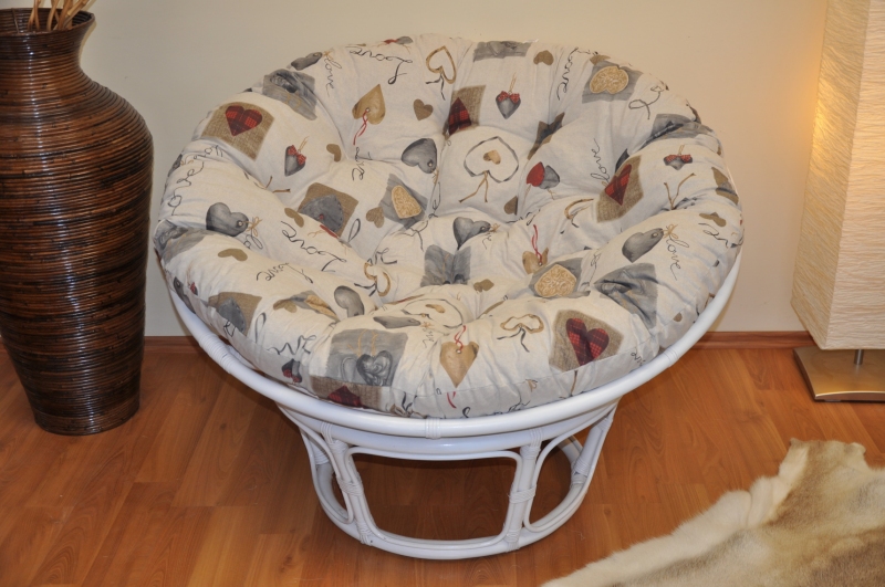 Ratanový papasan 110 cm bílý polstr motiv srdce LOVE