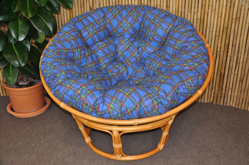 Ratanový papasan 110 cm medový polstr modrý