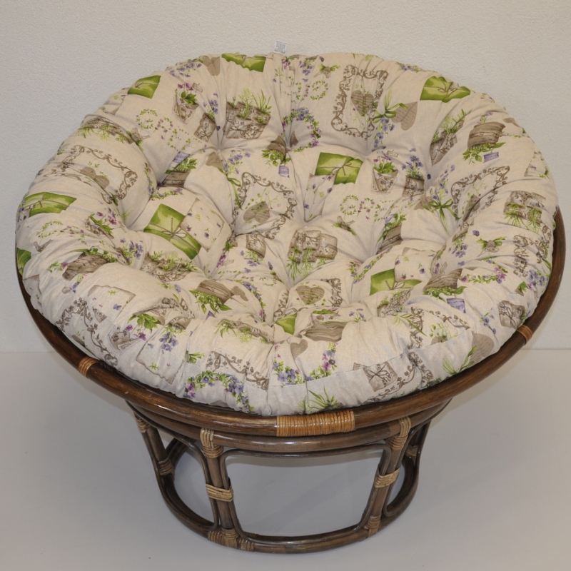 Ratanový papasan 110 cm hnědý polstr motiv fialky