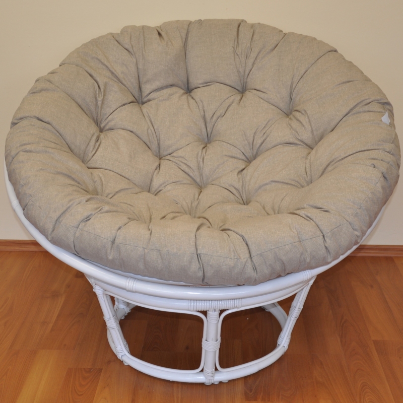 Ratanový papasan 110 cm bílý polstr tmavě béžový melír