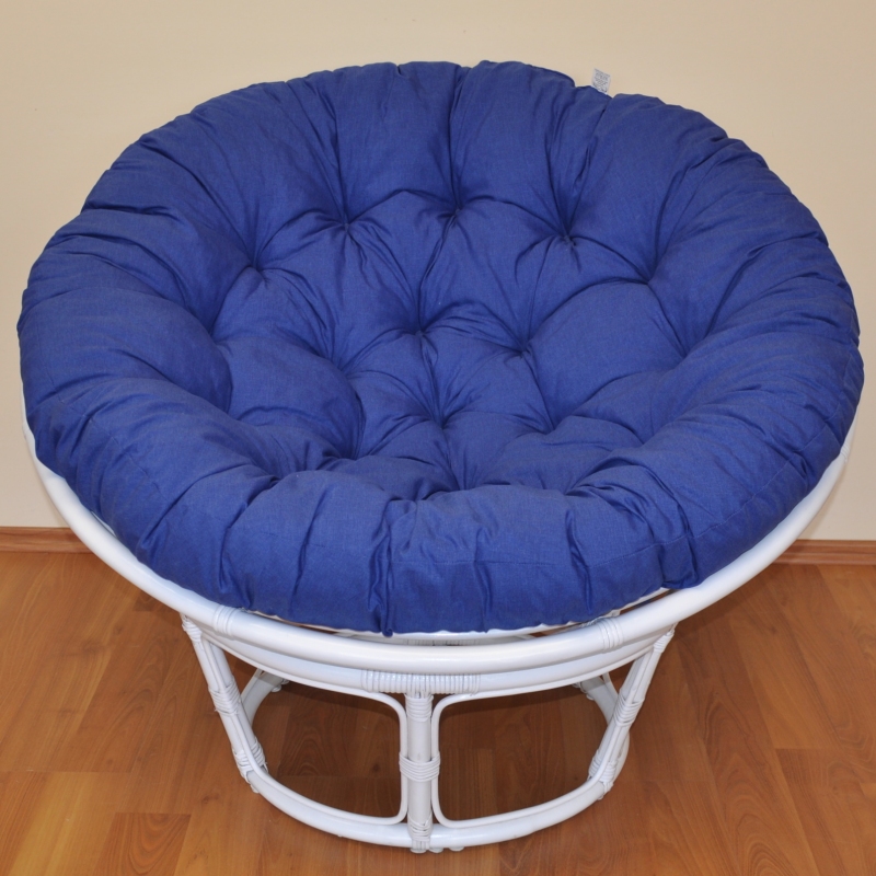 Ratanový papasan 110 cm bílý polstr tmavě modrý melír