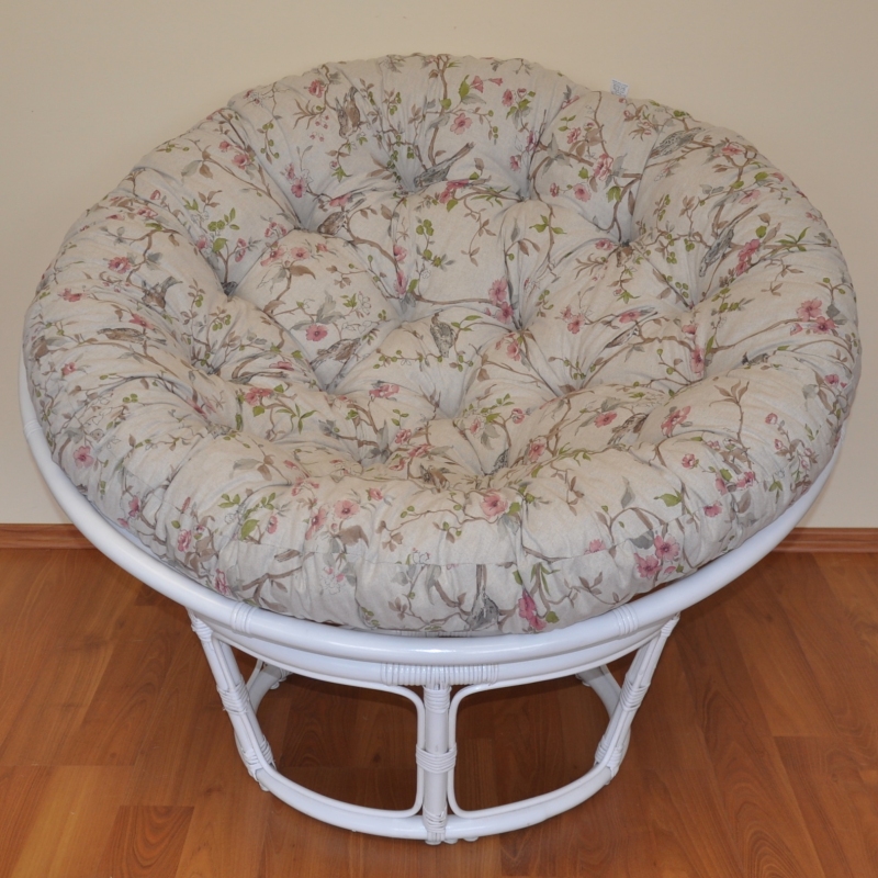 Ratanový papasan 110 cm bílý polstr motiv ptáci