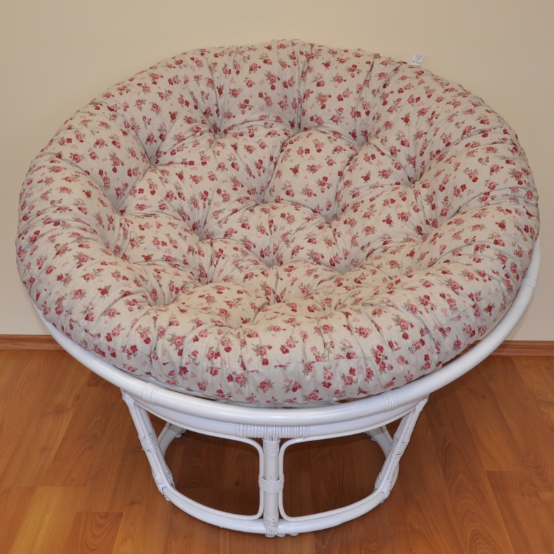 Ratanový papasan 110 cm bílý polstr motiv růže