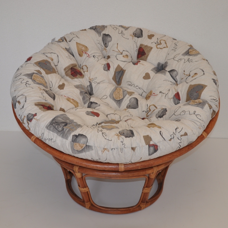 Ratanový papasan 110 cm koňak, polstr motiv srdce LOVE