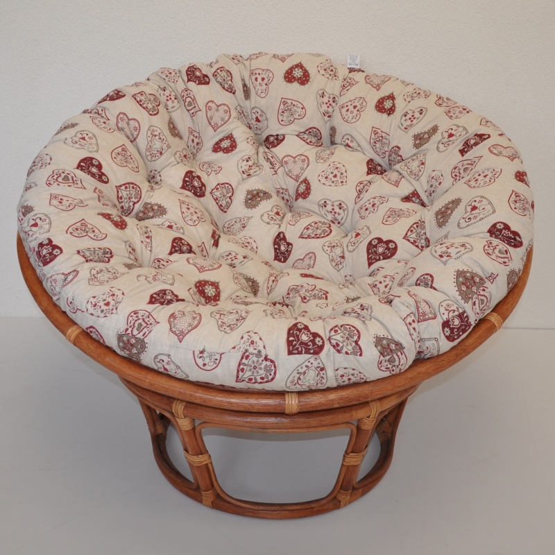 Ratanový papasan 110 cm koňak, polstr motiv červené srdce