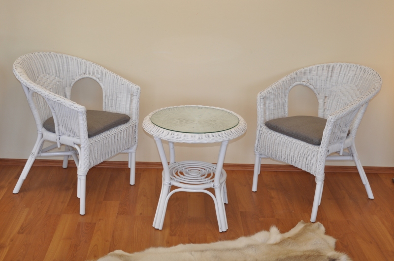 Ratanová sedací souprava Utan bílá  polstry šedý melír