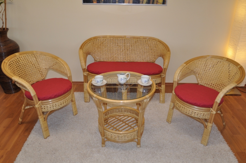 Ratanová sedací souprava Guo velká kulatý stolek, polstry vínový melír