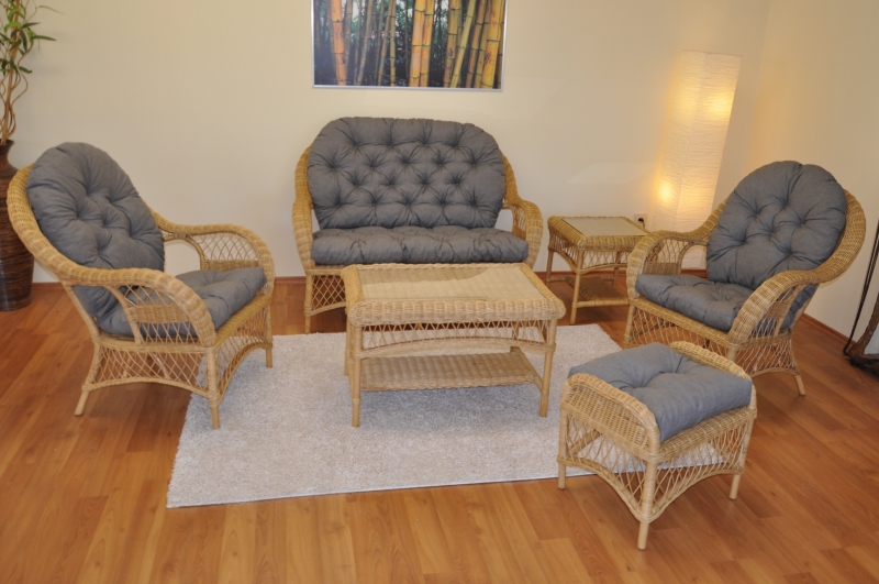 Ratanová sedací souprava Florida medová - polstry šedý melír