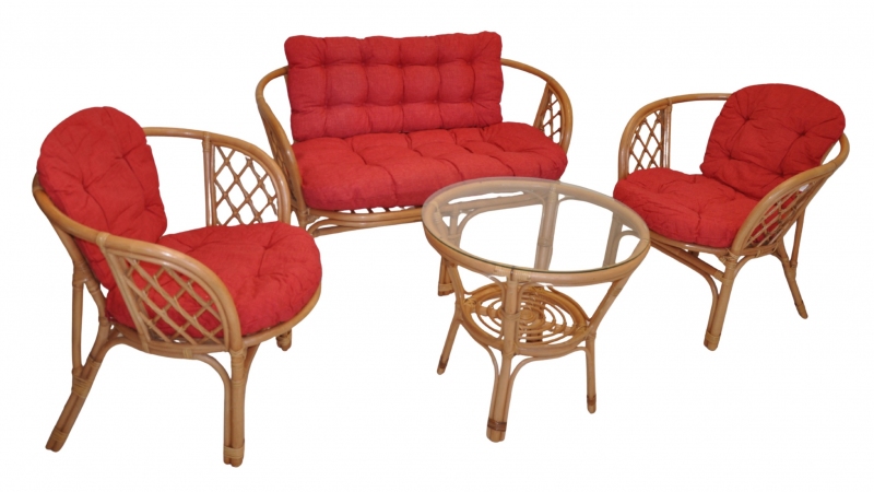 Ratanová sedací souprava Cayman tmavý med velká polstry červený melír