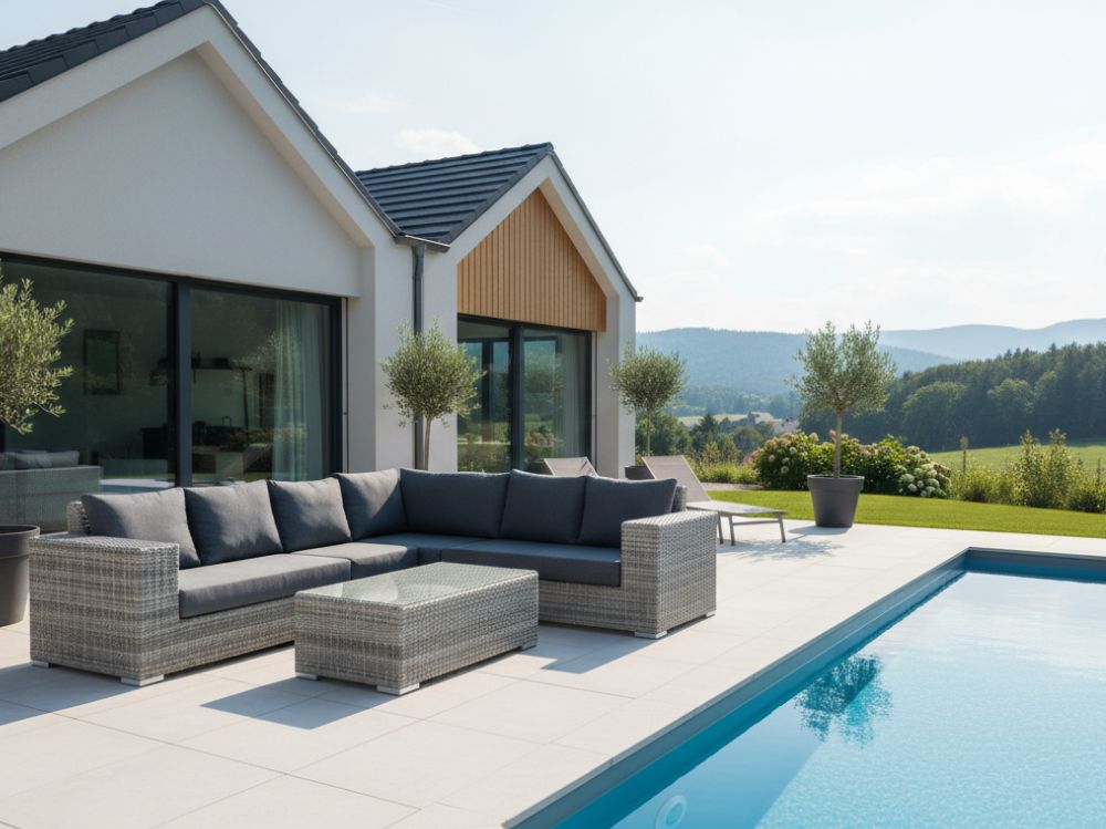 Zahradní set – exkluzivní souprava Bianca 2 pro 6 osob, kulatý šedý umělý ratan 303x240cm