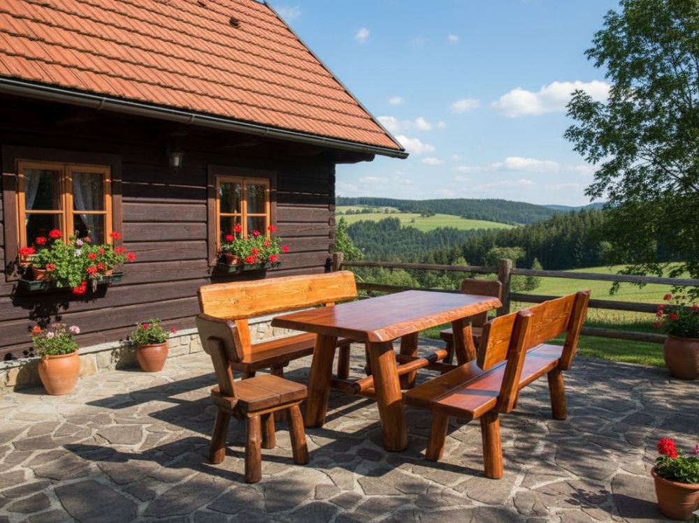 Dřevěný zahradní nábytek z masivu Obří Důl 2m pro 8 osob se 2 židlemi oranžový