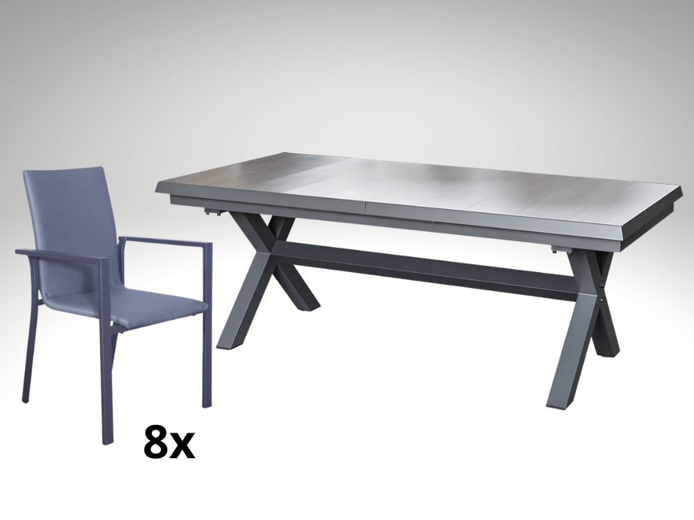 Hliníkový rozkládací stůl Gerardo 205/265cm a 8 stohovatelných polstrovaných křesel Jony