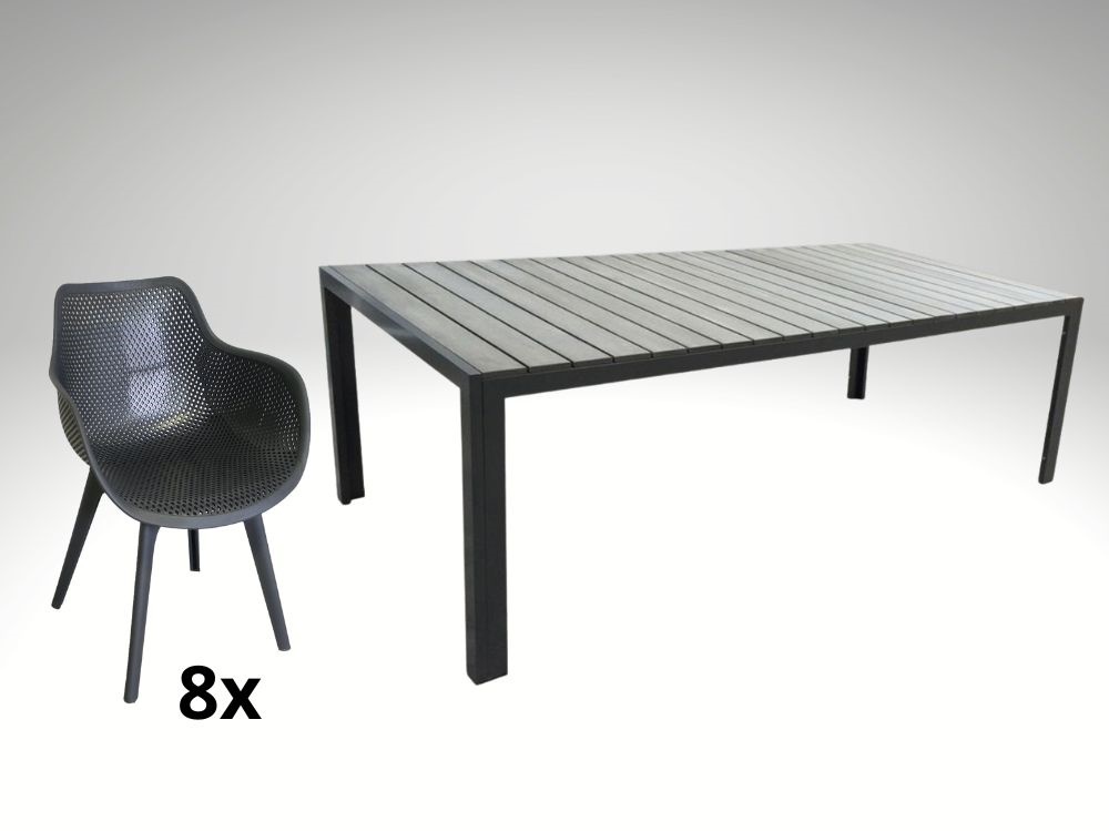 Hliníkový set: stůl Jerry 220cm tmavě šedý a 8 designových křesel Jasper