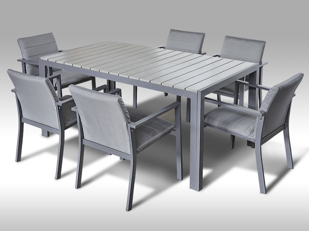 Hliníkový nábytek: stůl Jersey 160cm šedý a 6 stohovatelných polstrovaných křesel Justin