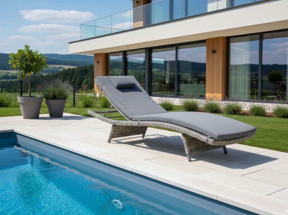 Polohovatelné zahradní lehátko Rick, kulatý šedý umělý ratan, hliník