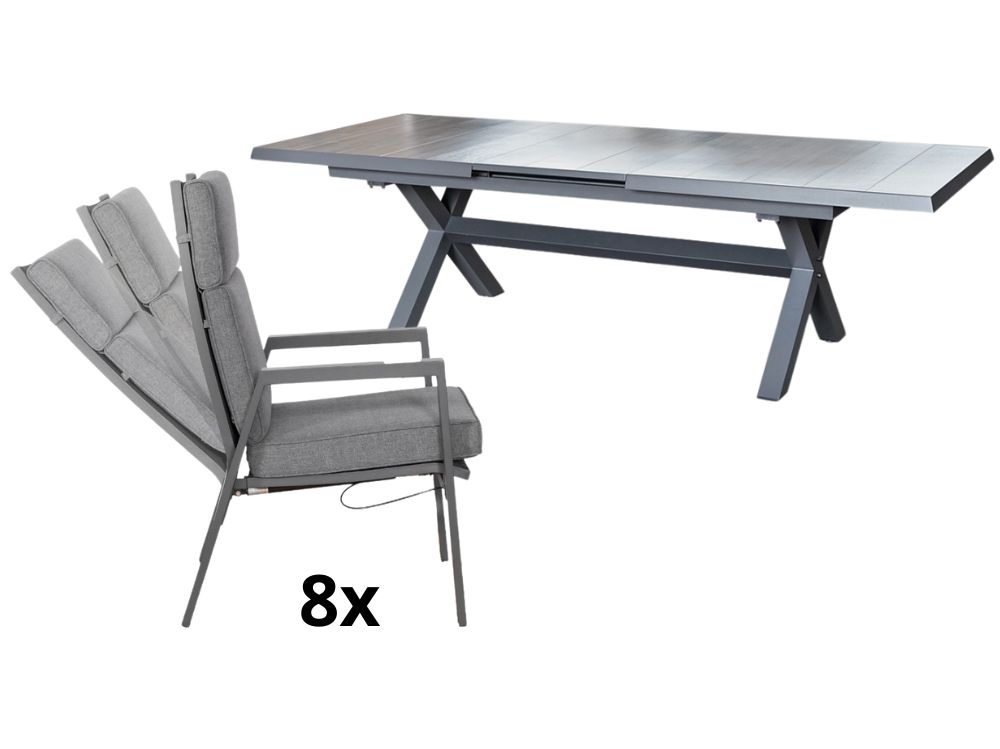 Zahradní set: rozkládací stůl Gerardo 205/265cm a 8 velkých polohovatelných křesel Milano